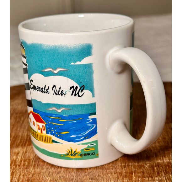 Vtg. Retro 1990s ERCO Emerald Isle, NC Coffee Mug Lighthouse Boat Beach Coastal - Picture 3 of 7